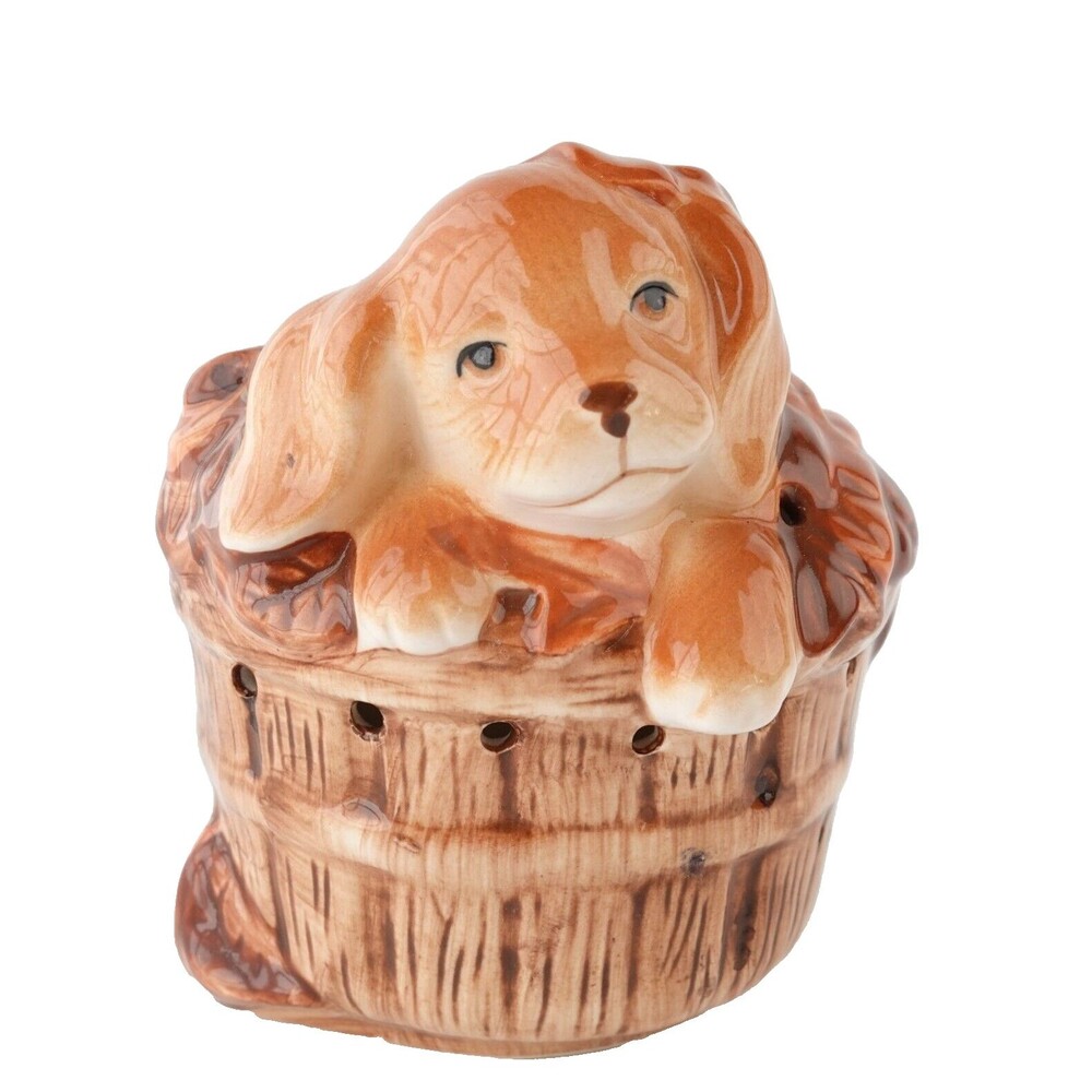 VINTAGE 1984 AVON BASKET OF FUN CERAMIC POMANDER CONTAINER PUPPY IN A BASKET